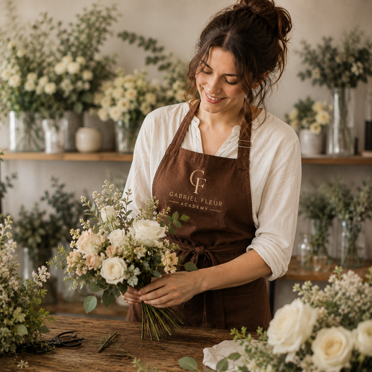 Florist in a floral workshop arranging flowers with 'Gabriel Fleur Academy' apron.