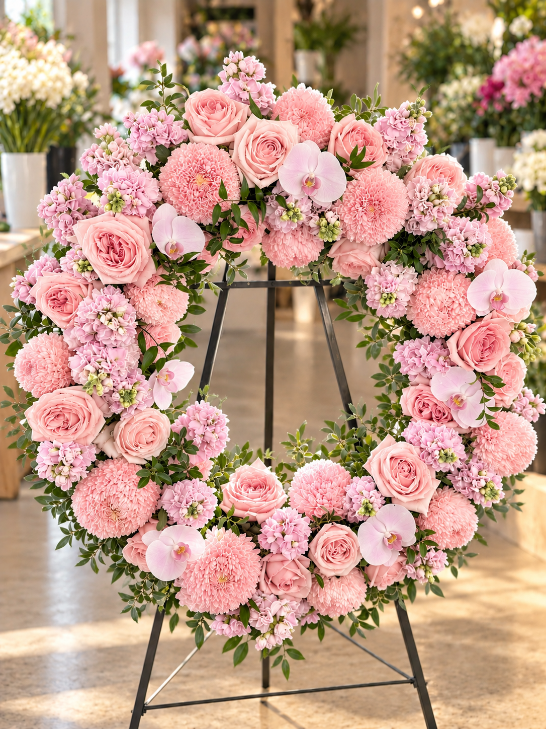 Blushing Grace premium pink rose and orchid funeral wreath featuring soft blush roses, pale pink Phalaenopsis orchids, pink chrysanthemums, delicate seasonal blooms and lush greenery, displayed on a black easel in an elegant flower shop.