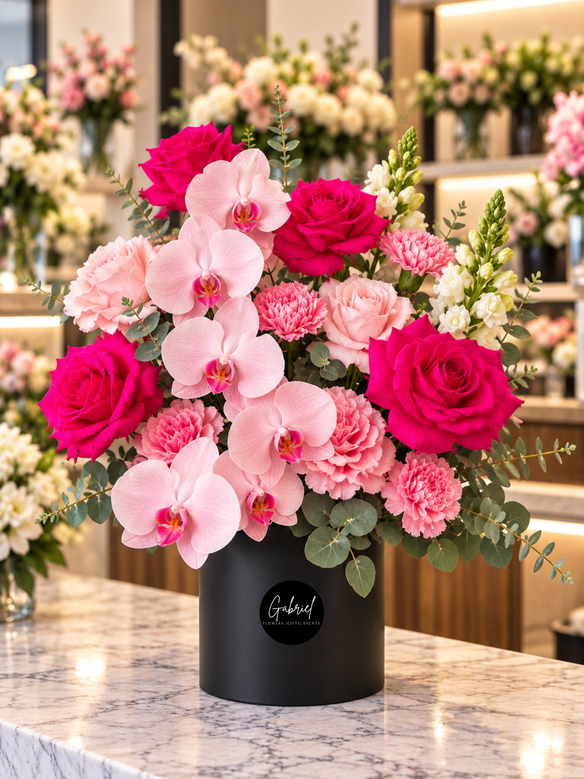 Blushing Romance premium flower box featuring vibrant hot pink and blush roses, soft pink carnations, cascading light pink orchids, and fresh eucalyptus greenery in an elegant matte black cylindrical box.