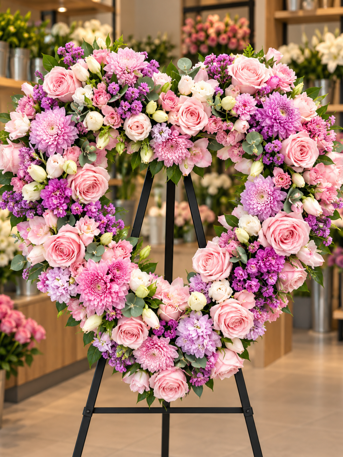 Everlasting Love premium heart-shaped funeral wreath featuring blush pink roses, pink and lavender chrysanthemums, delicate purple and ivory blooms, and lush eucalyptus greenery, displayed on a black wreath stand in an elegant flower shop.