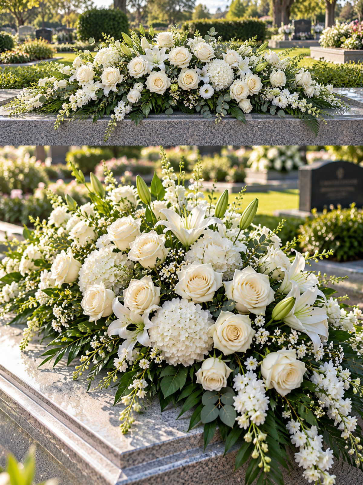 Honour premium white rose casket spray featuring elegant white roses, lilies, hydrangeas, delicate white flowers and cascading greenery, displayed on a polished granite memorial in a peaceful cemetery garden.