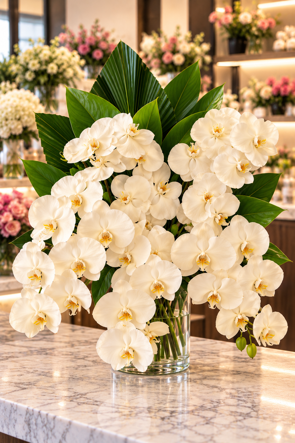 Ivory Elegance premium floral arrangement featuring cascading cream Phalaenopsis orchids with soft golden centres, lush tropical greenery and elegant foliage, beautifully presented in a clear glass vase.
