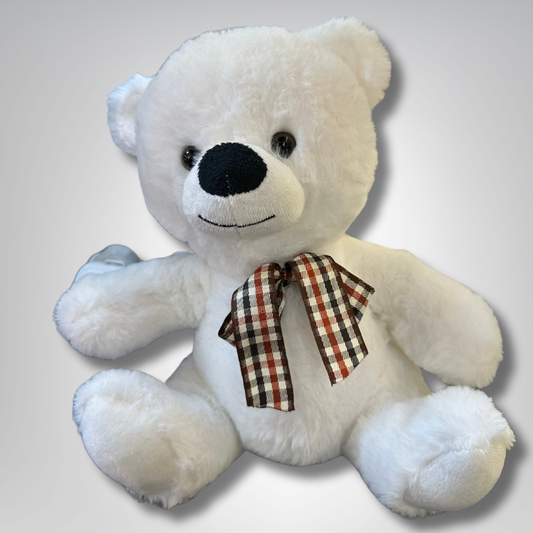 White Teddy Bear with Checkered Bow