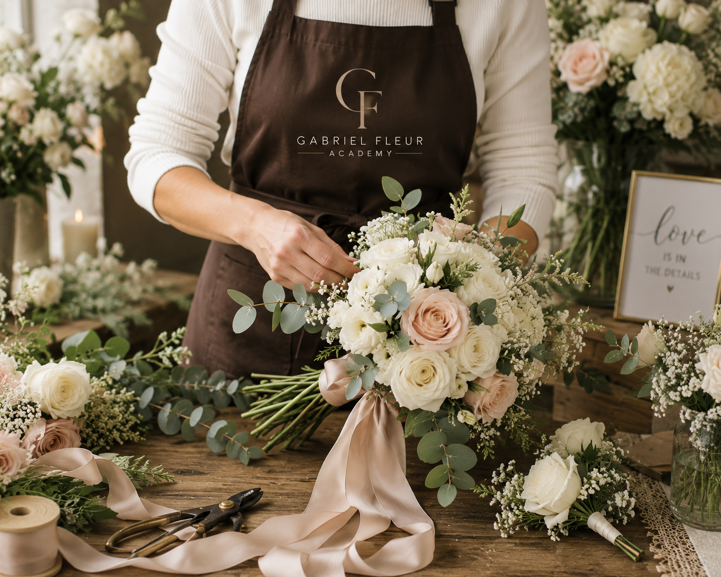 Florist arranging floral bridal bouquet, Gabriel Fleur Academy