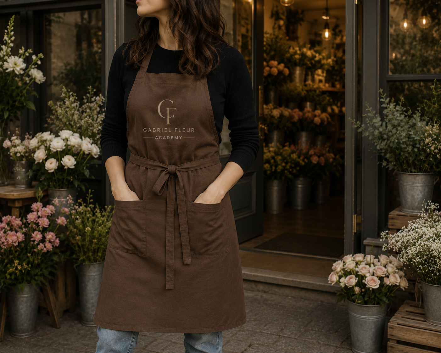 Person Florist wearing a brown apron with a logo in a flower shop setting Gabriel Fleur Academy