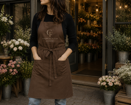 Person Florist wearing a brown apron with a logo in a flower shop setting Gabriel Fleur Academy