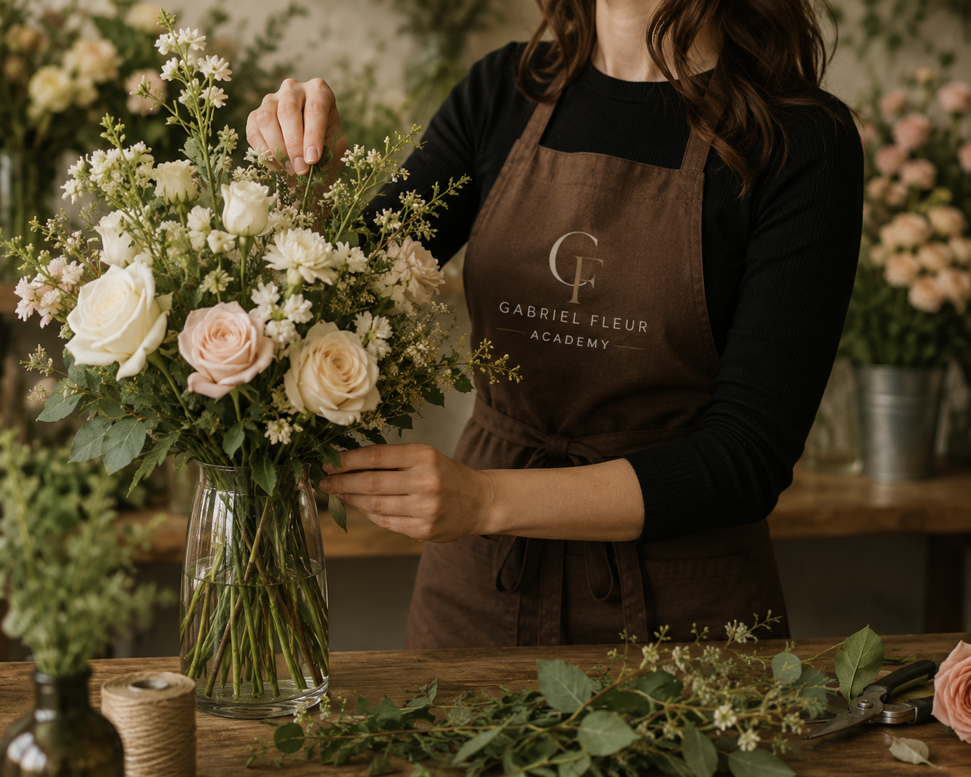 Person arranging florist beginner flowers with a 'Gabriel Fleur Academy' apron in a floral setting.