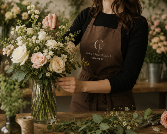 Person arranging florist beginner flowers with a 'Gabriel Fleur Academy' apron in a floral setting.