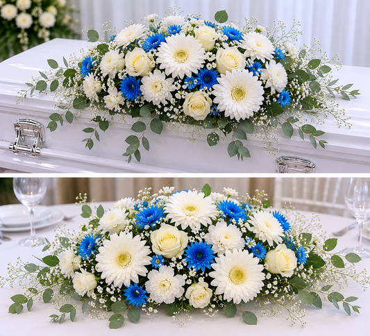Celestial Grace sympathy arrangement featuring fresh white blooms, soft blue flowers, and delicate greenery designed as an elegant tribute of comfort, love, and remembrance.