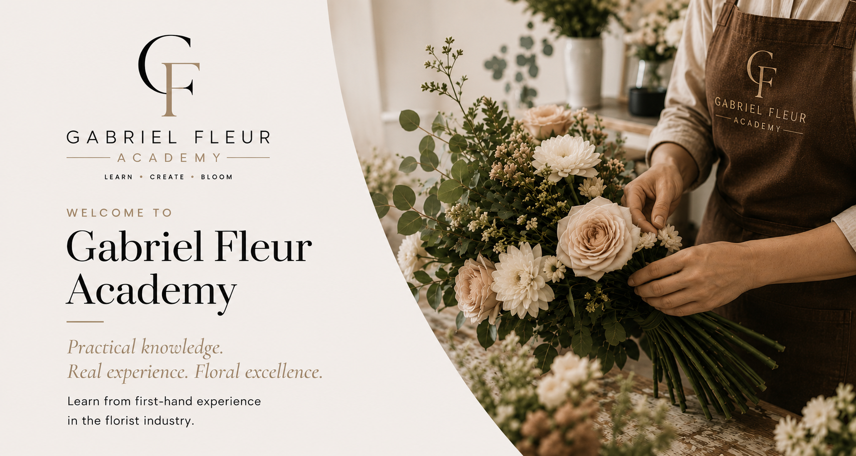 Person arranging flowers with Gabriel Fleur branding on a white background