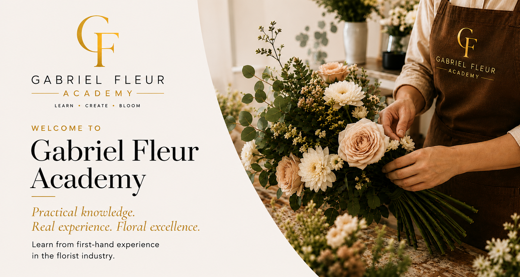 FLORIST arranging flowers with Gabriel Fleur Academy branding in the background