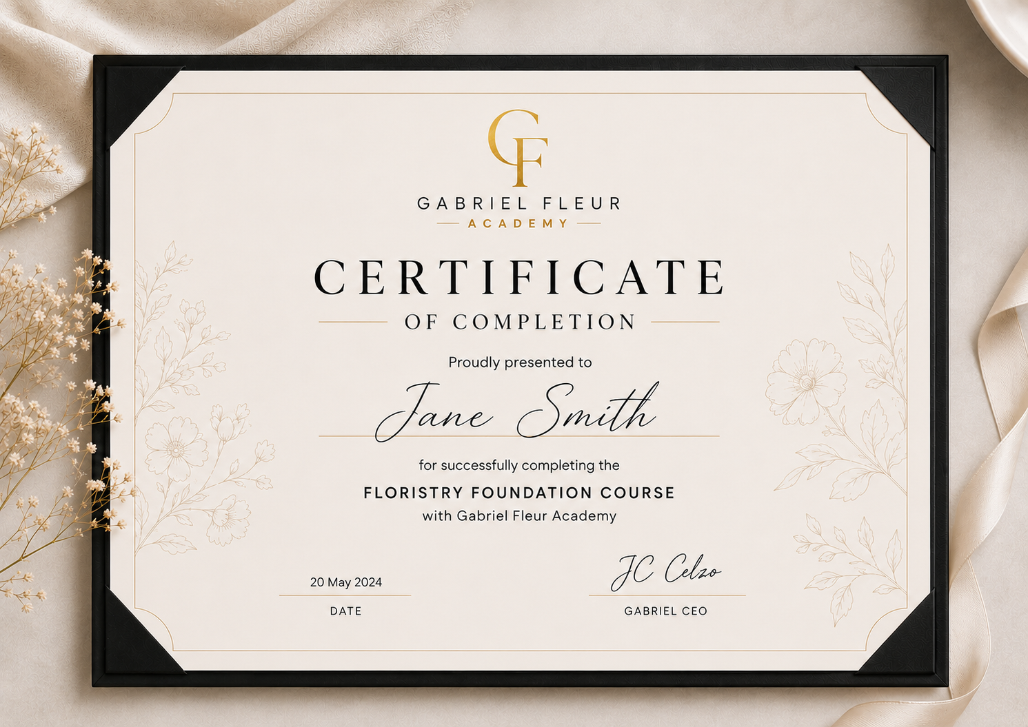 Certificate of completion from Gabriel Fleur Academy on a decorative background