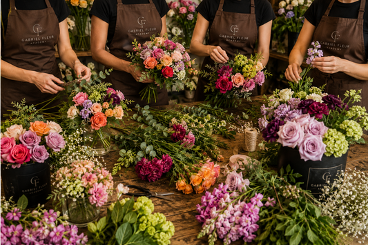 Florists arranging flowers at a table with a variety of colorful bouquets.