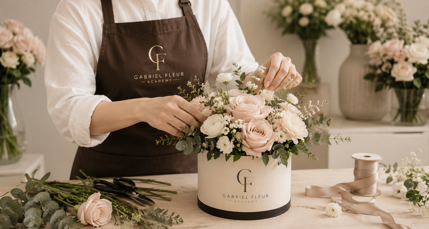 Person Florist arranging flowers in a container with 'Gabriel Fleur' branding, surrounded by floral arrangements and tools.