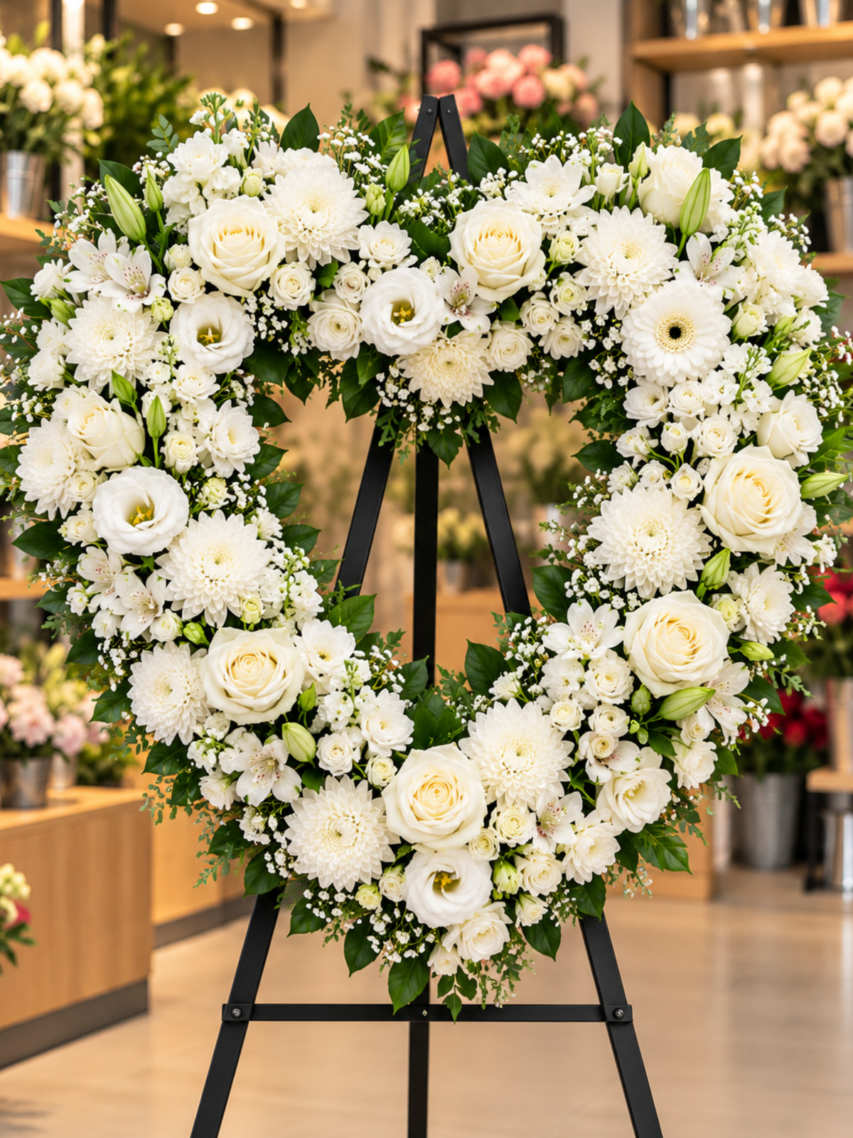 Purest Love – Premium White Rose & Chrysanthemum Heart Funeral Wreath