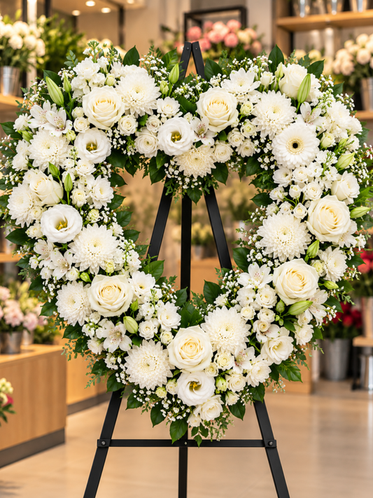 Purest Love – Premium White Rose & Chrysanthemum Heart Funeral Wreath