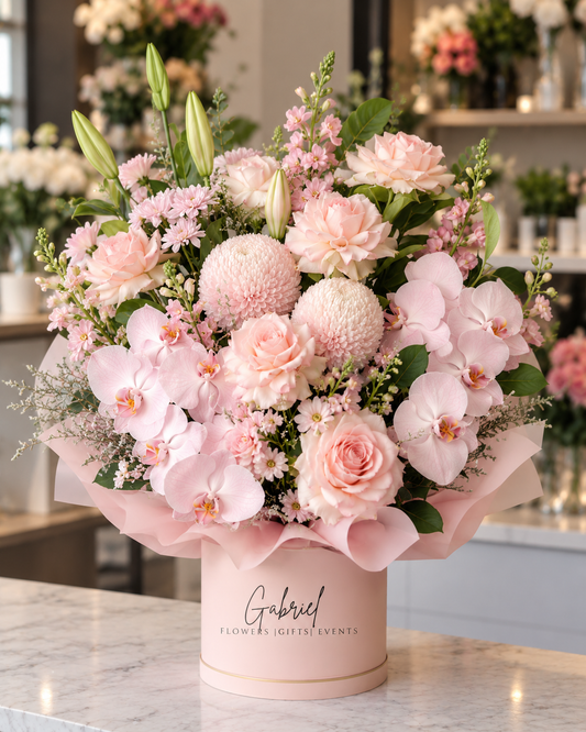 Blushing Elegance premium pink flower box featuring blush pink roses, soft pink orchids, lilies, chrysanthemums, delicate seasonal blooms and fresh eucalyptus greenery, beautifully arranged in a pastel pink box with Gabriel Flowers branding.