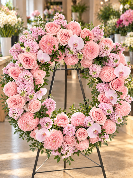 Blushing Grace premium pink rose and orchid funeral wreath featuring soft blush roses, pale pink Phalaenopsis orchids, pink chrysanthemums, delicate seasonal blooms and lush greenery, displayed on a black easel in an elegant flower shop.