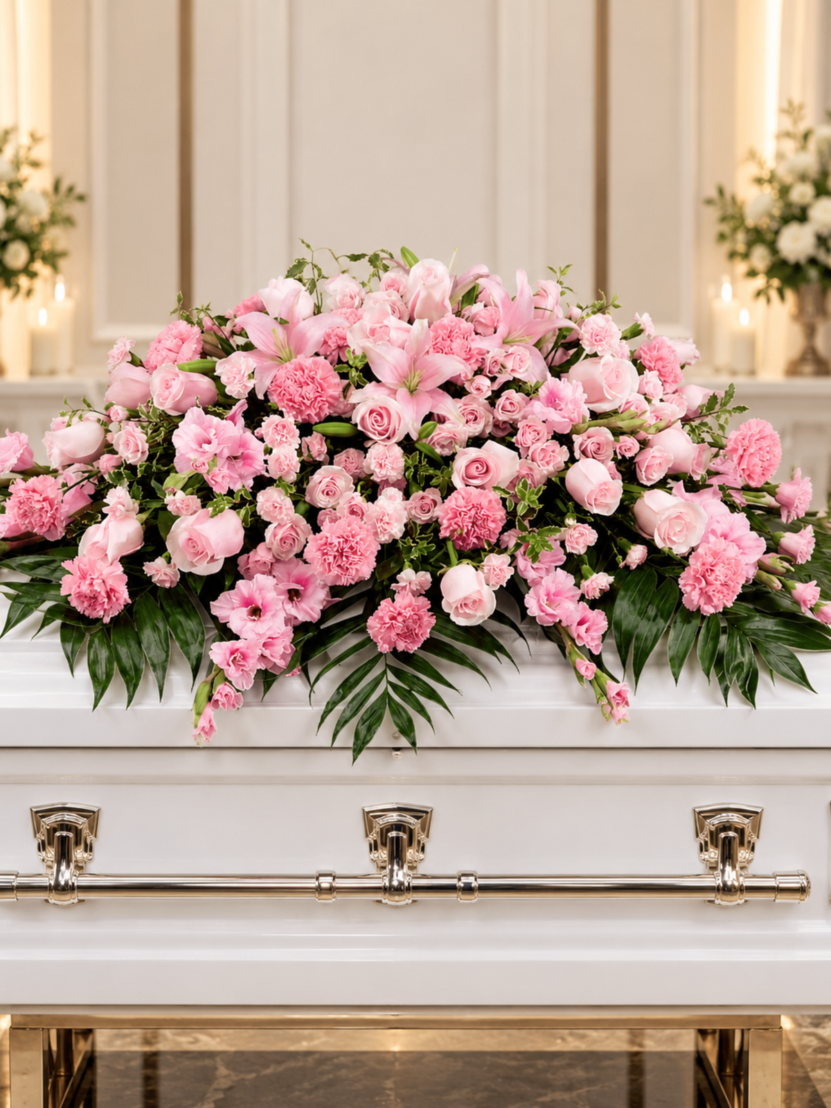 Blushing Memories premium pink rose and lily casket spray featuring soft blush roses, pink lilies, carnations, delicate seasonal blooms and cascading greenery, elegantly displayed on a white casket in a peaceful funeral chapel.