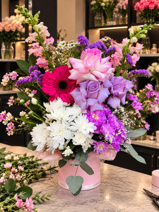 Colourful Enchanted Bloom flower arrangement featuring pink gerberas, lavender roses, purple and white seasonal blooms with fresh greenery in a pink flower box.