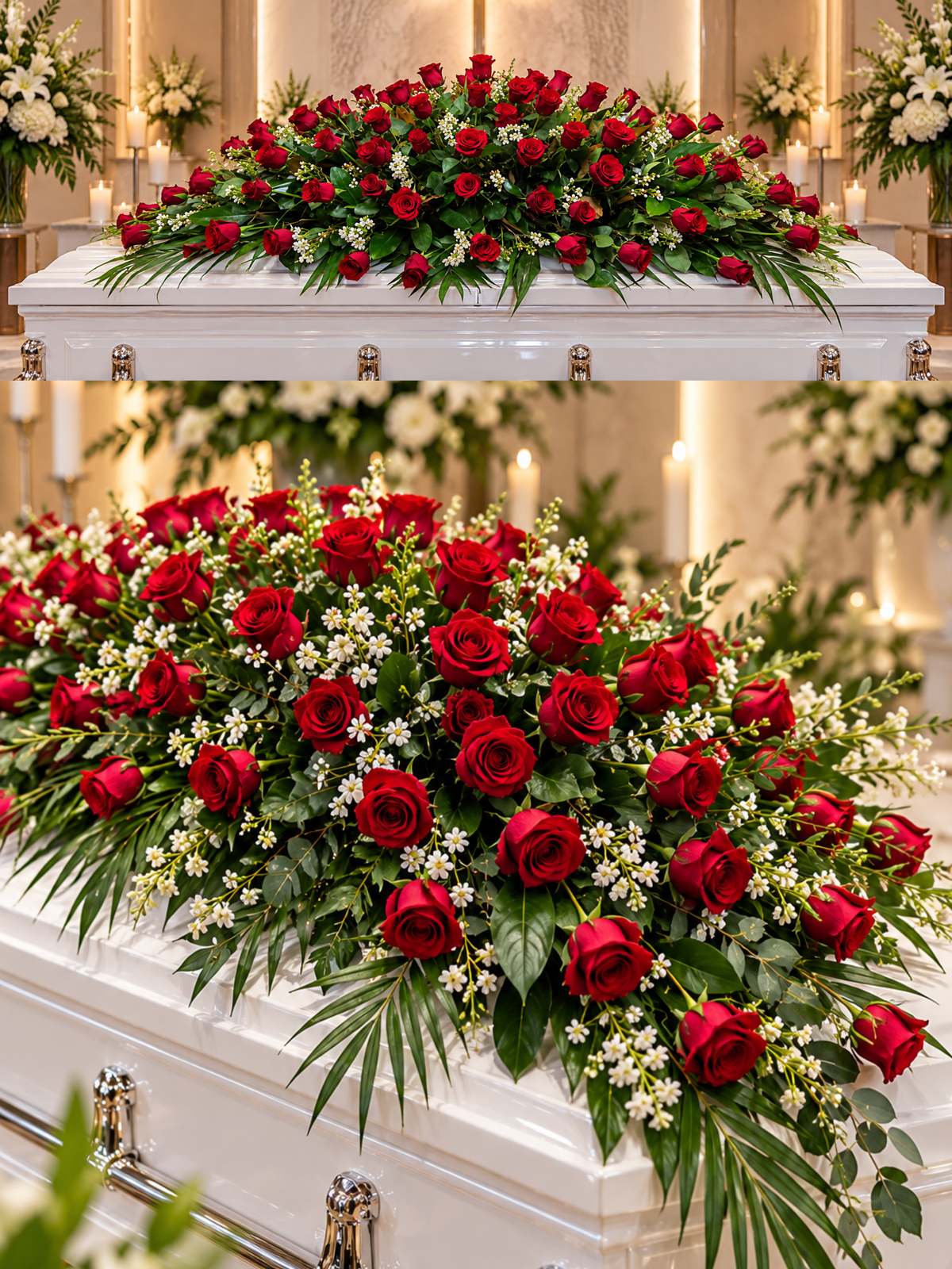 Eternal Devotion premium red rose casket spray featuring rich crimson roses, delicate white filler flowers and cascading lush greenery, elegantly displayed on a white casket in a funeral chapel.