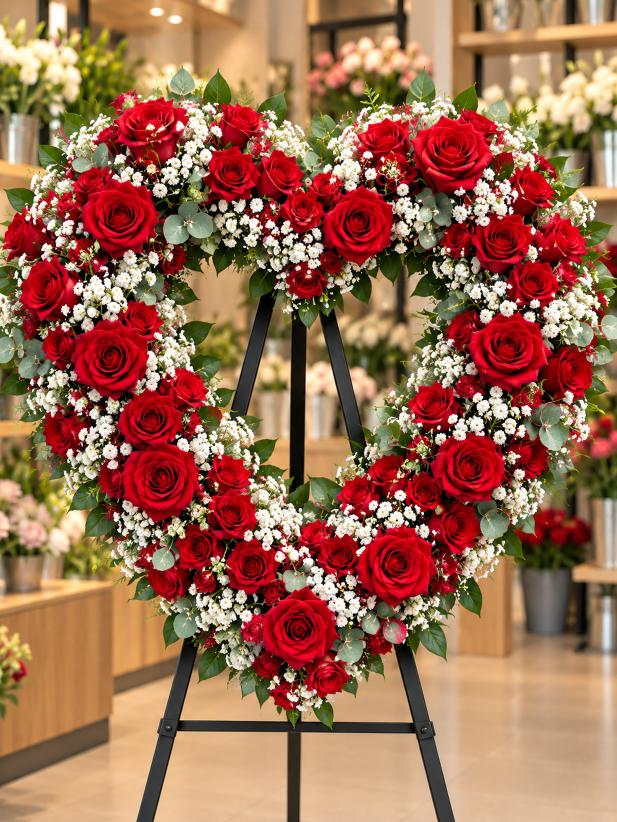 Eternal Devotion premium red rose heart funeral wreath featuring rich crimson roses, delicate white baby's breath and lush eucalyptus greenery, displayed on a black wreath stand in an elegant flower shop.