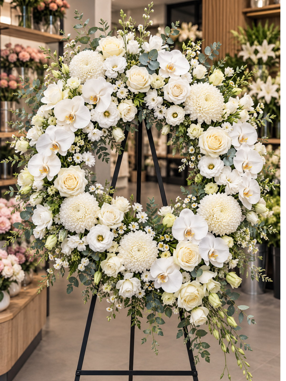 Eternal Elegance premium white orchid and rose funeral wreath featuring cascading white Phalaenopsis orchids, ivory roses, chrysanthemums, lisianthus and eucalyptus greenery, displayed on a black wreath stand in an elegant flower shop.