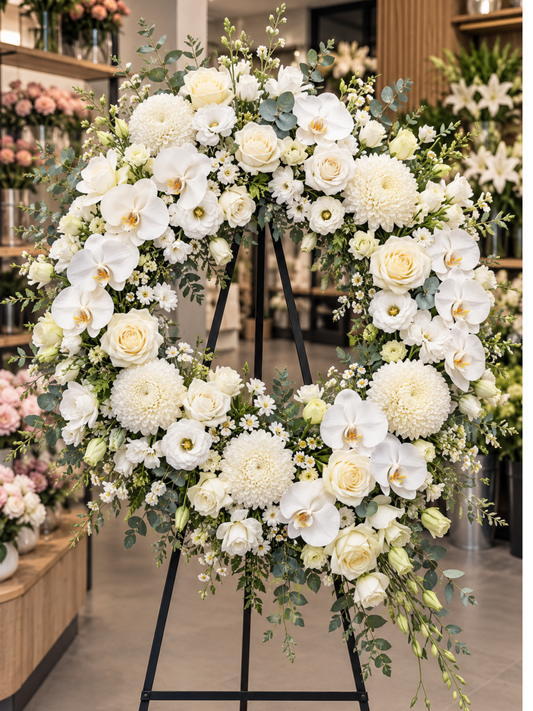 Eternal Elegance premium white orchid and rose funeral wreath featuring cascading white Phalaenopsis orchids, ivory roses, chrysanthemums, lisianthus and eucalyptus greenery, displayed on a black wreath stand in an elegant flower shop.