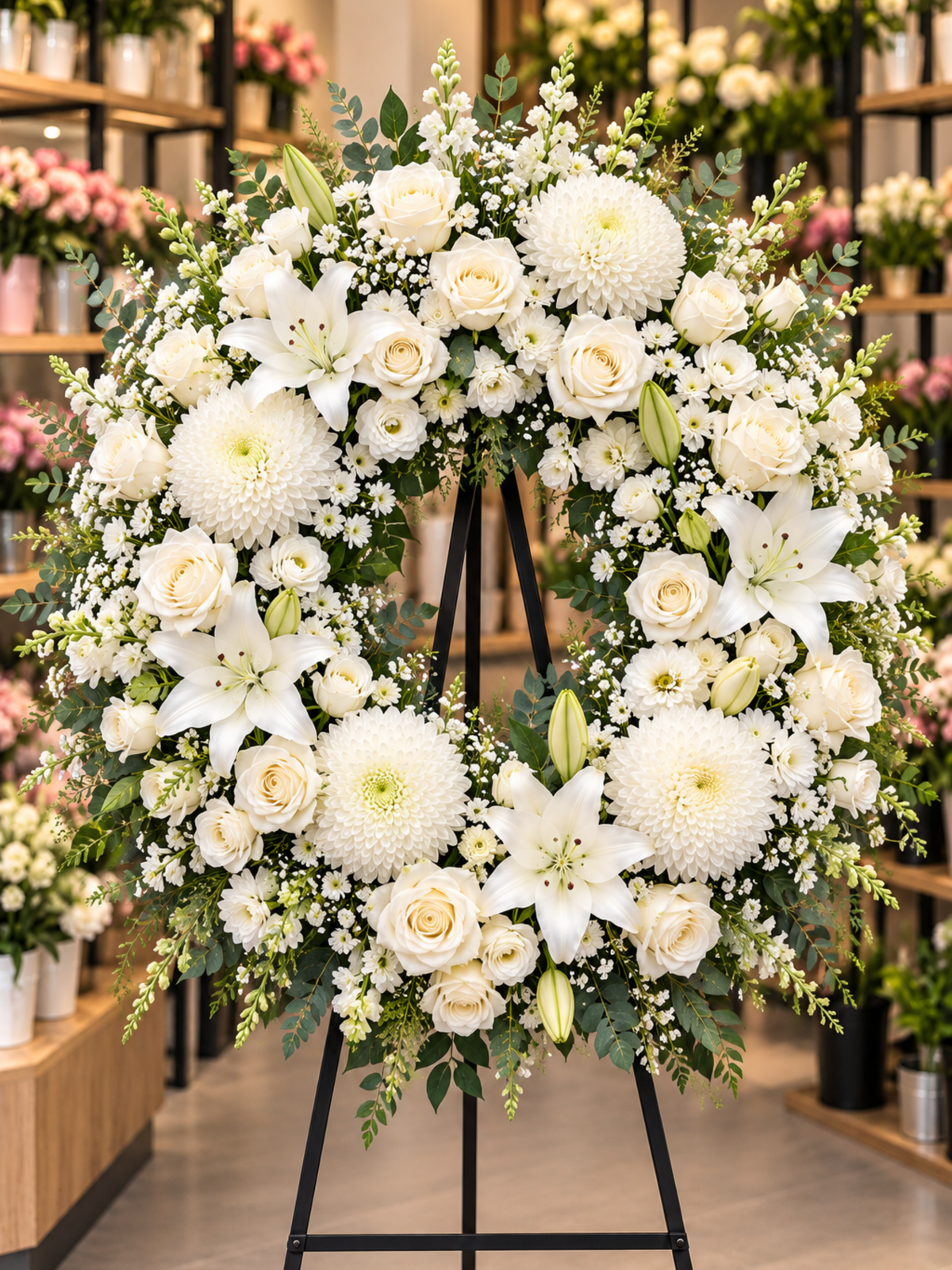 Eternal Serenity premium white rose and lily funeral wreath featuring ivory-white flexed roses, elegant white lilies, chrysanthemums, baby's breath and lush eucalyptus greenery, displayed on a black wreath stand in an elegant flower shop.