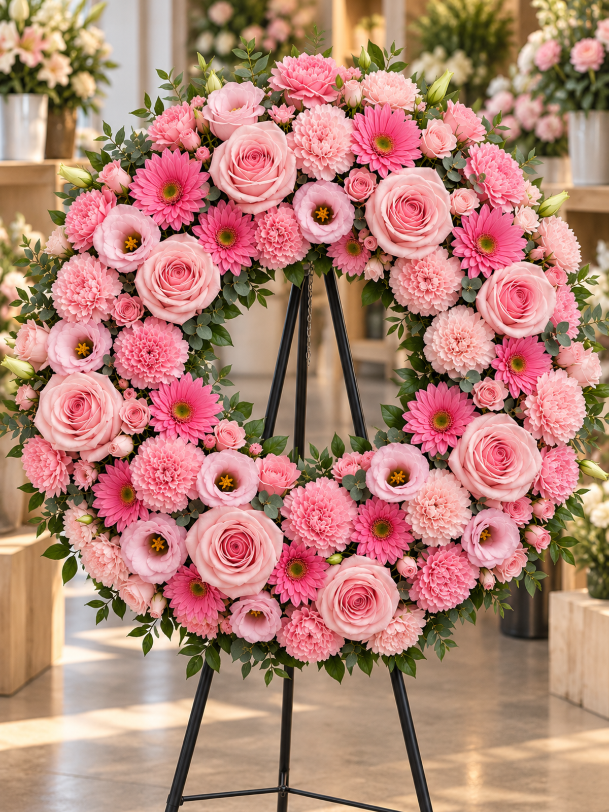 Everlasting Affection pink rose and gerbera funeral wreath featuring blush pink roses, vibrant pink gerberas, carnations, lisianthus and lush eucalyptus greenery, displayed on a black wreath stand in an elegant flower shop.