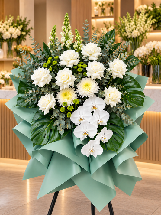 Everlasting Prosperity luxury grand opening flower stand featuring cascading white orchids, premium white roses, chrysanthemums, green seasonal blooms and lush eucalyptus foliage, elegantly presented in teal-green wrapping on a freestanding display.