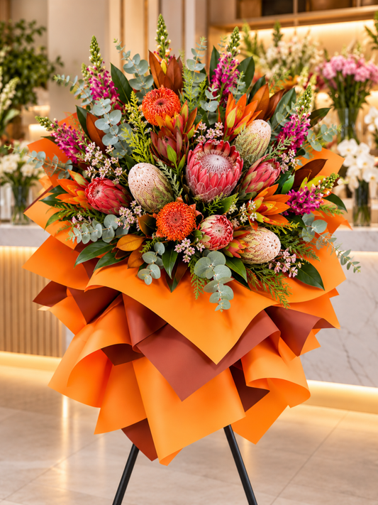 Flourishing Fortune luxury grand opening flower stand featuring vibrant orange pincushion flowers, pink proteas, burgundy seasonal blooms and lush eucalyptus greenery, elegantly presented in orange and rust-coloured wrapping.