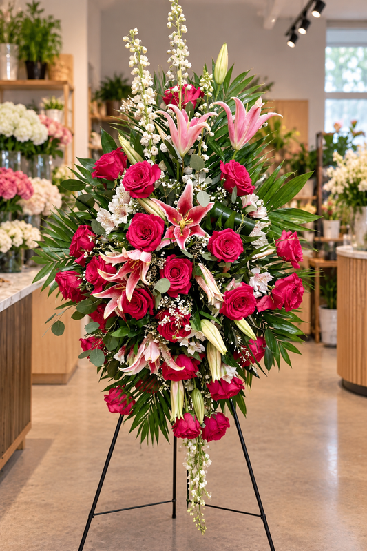 Forever Cherished premium pink rose and lily funeral standing spray featuring vibrant pink roses, elegant pink lilies, delicate white blooms, baby's breath and cascading tropical greenery, displayed on a black stand in an elegant flower shop.