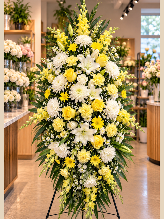 Golden Serenity premium yellow rose and white lily funeral standing spray featuring golden-yellow roses, white Oriental lilies, white chrysanthemums, yellow carnations, delicate daisies, baby's breath and lush cascading greenery, displayed on a black easel against an elegant flower shop background.