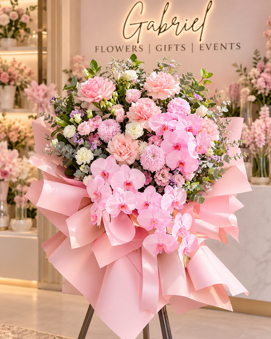 Grand Beginnings luxury grand opening flower stand featuring cascading pastel pink orchids, soft pink roses, chrysanthemums, delicate purple seasonal blooms and lush eucalyptus greenery, beautifully presented in elegant pastel pink wrapping.