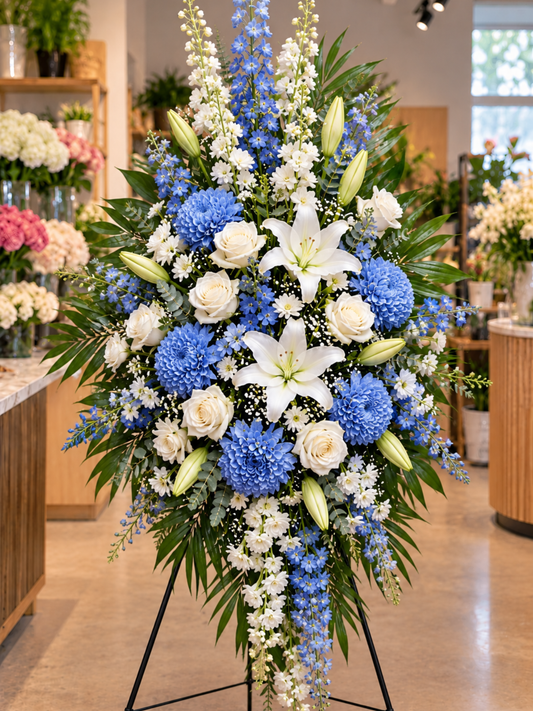 Heavenly Blue premium blue chrysanthemum and white lily funeral standing spray featuring blue chrysanthemums, white Oriental lilies, ivory roses, blue delphiniums, baby's breath and lush eucalyptus greenery, displayed on a black stand in an elegant flower shop.
