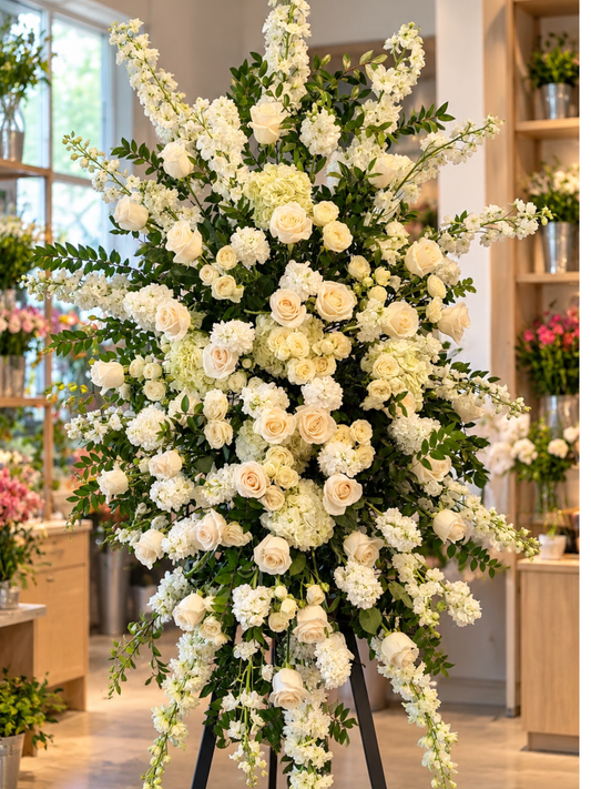 Heavenly Grace premium white rose and delphinium funeral standing spray featuring ivory-white roses, tall white delphiniums, delicate spray roses, seasonal white blooms and cascading greenery, displayed on a black stand in an elegant flower shop.