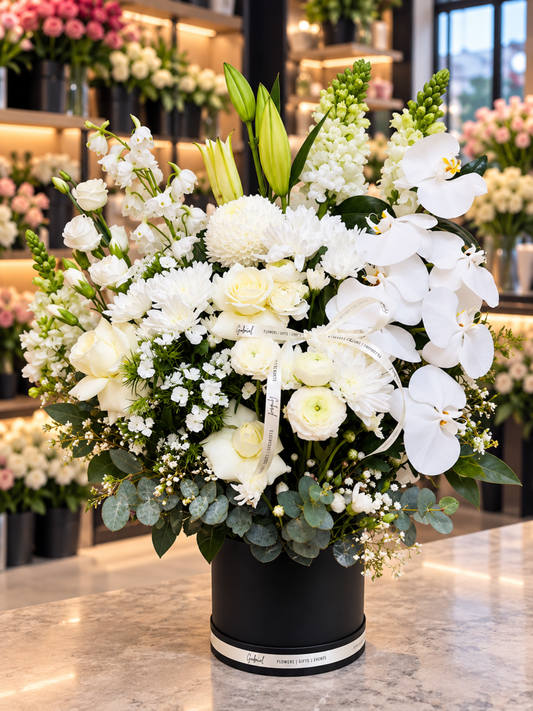 Ivory Harmony premium white orchid and rose luxury flower box featuring cascading white Phalaenopsis orchids, ivory roses, white ranunculus, chrysanthemums, lily buds, delicate baby's breath and lush eucalyptus greenery, elegantly arranged in a signature black round flower box against a softly blurred flower shop background.