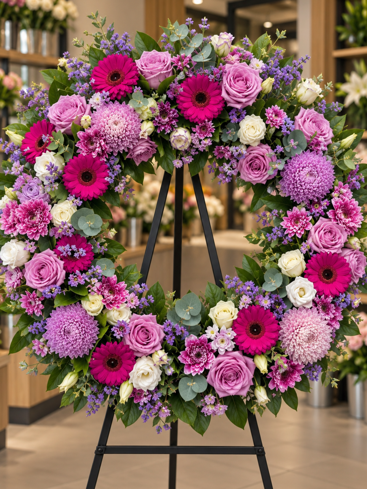 Lavender Remembrance premium purple and pink funeral wreath featuring lavender and ivory roses, purple chrysanthemums, magenta gerberas, delicate seasonal blooms and eucalyptus greenery, displayed on a black wreath stand in an elegant flower shop.