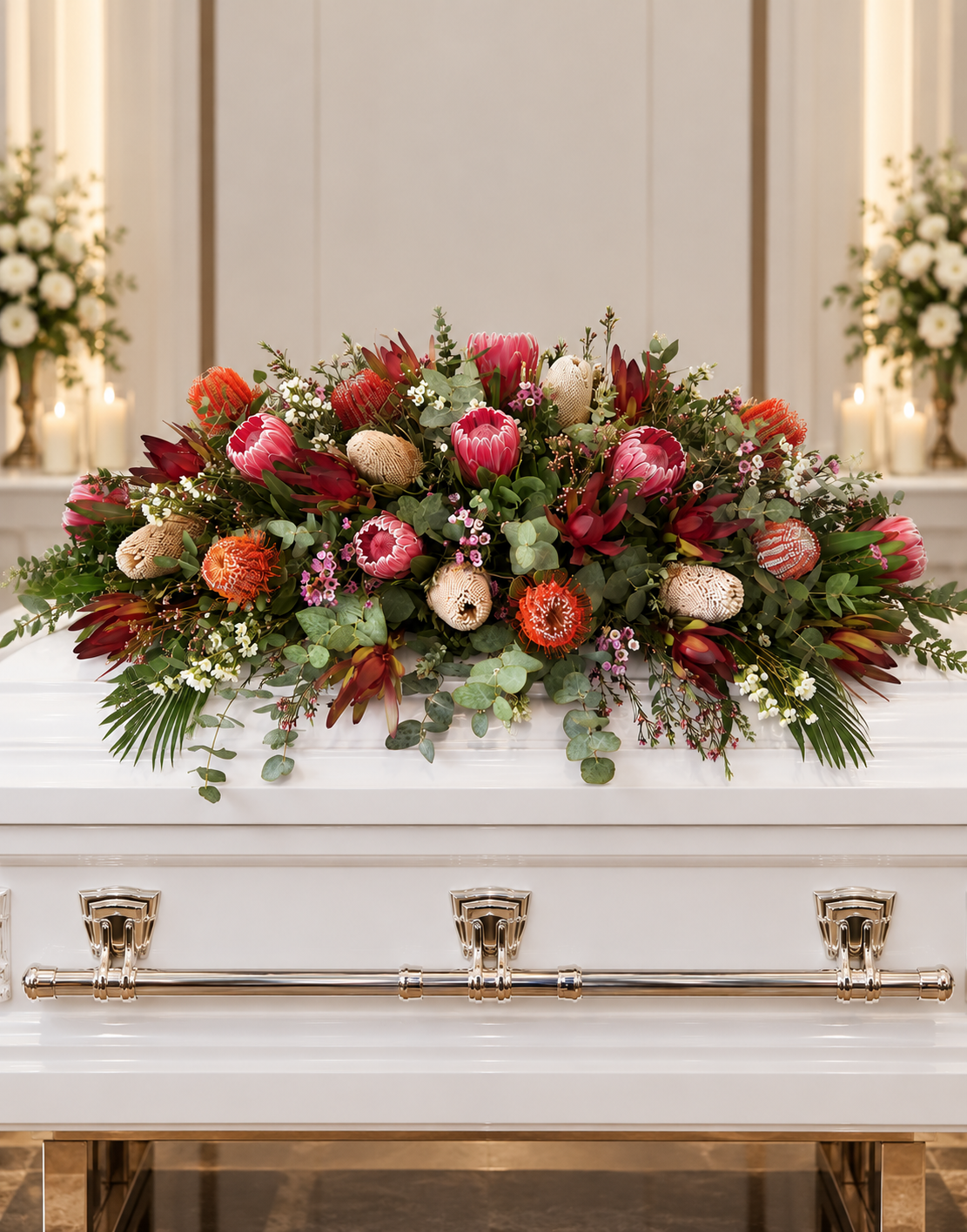 Native Grace premium Australian native casket spray featuring pink proteas, banksias, burgundy leucadendrons, seasonal blooms and cascading eucalyptus greenery, beautifully displayed on a white casket in an elegant funeral chapel.