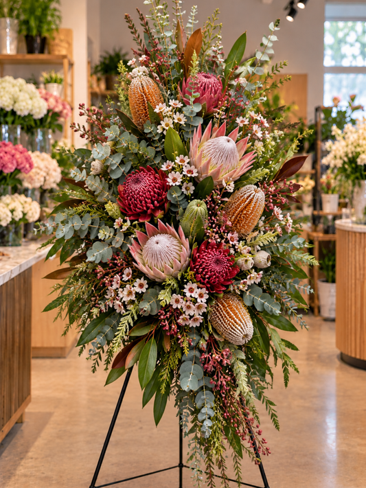 Native Remembrance premium Australian native funeral standing spray featuring pink proteas, burgundy native blooms, banksias, delicate waxflowers, eucalyptus foliage and cascading greenery, displayed on a black easel against an elegant flower shop background.