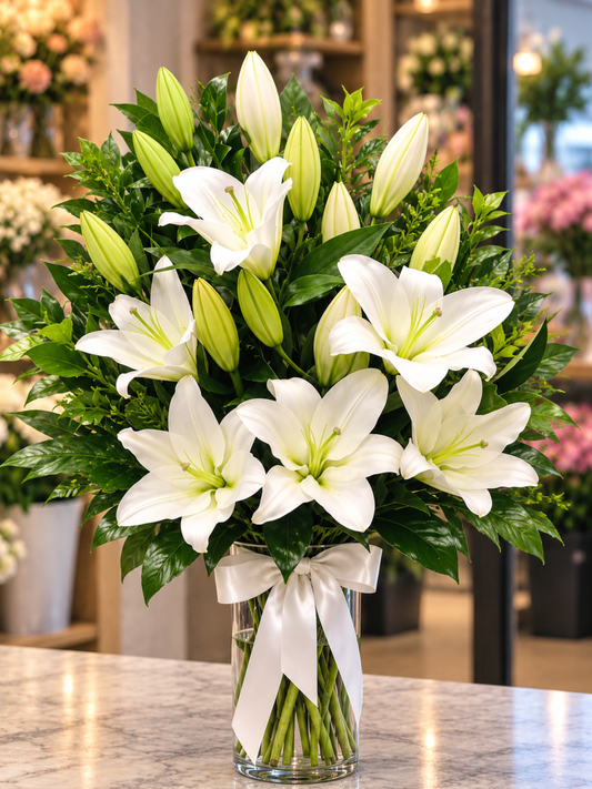 Pure Serenity premium white Oriental lily vase arrangement featuring elegant open white lilies, fresh lily buds, lush glossy greenery and a white satin ribbon, beautifully presented in a clear glass vase against a softly blurred flower shop background.