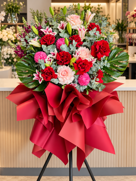 Radiant Success grand opening flower stand featuring vibrant red and blush pink roses, pink lilies, chrysanthemums, seasonal blooms and lush eucalyptus greenery, beautifully presented in layered red wrapping on a freestanding display.