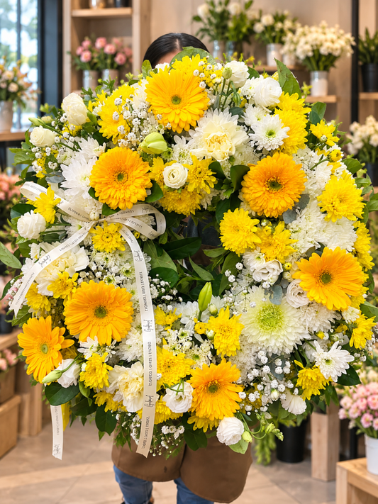 Sunshine Remembrance yellow and white funeral wreath featuring vibrant yellow gerberas, white roses, yellow and white chrysanthemums, delicate baby's breath and lush greenery, beautifully presented in an elegant flower shop.