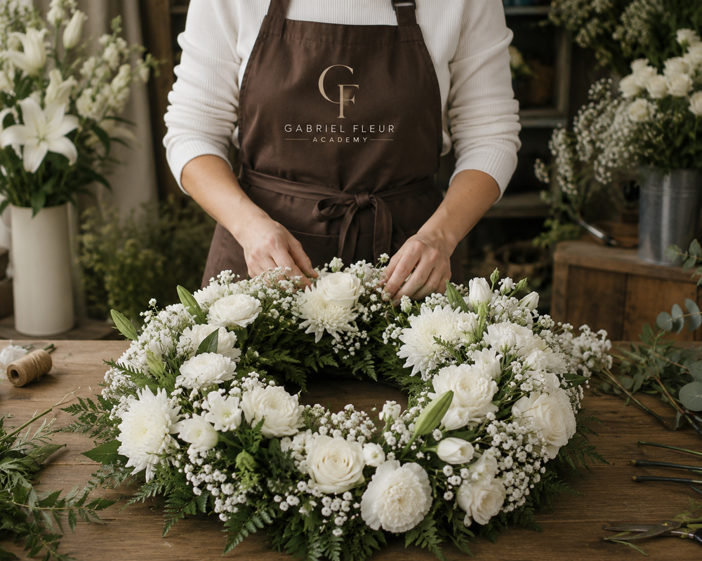 Florist arranging a floral wreath with 'Gabriel Fleur Academy' apron in a workshop setting.