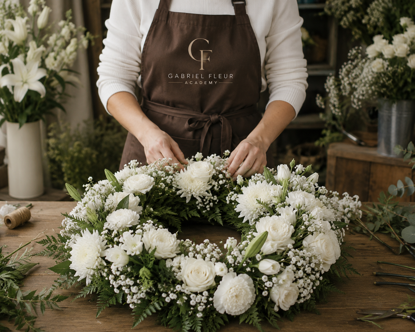 Florist arranging a floral wreath with 'Gabriel Fleur Academy' apron in a workshop setting.