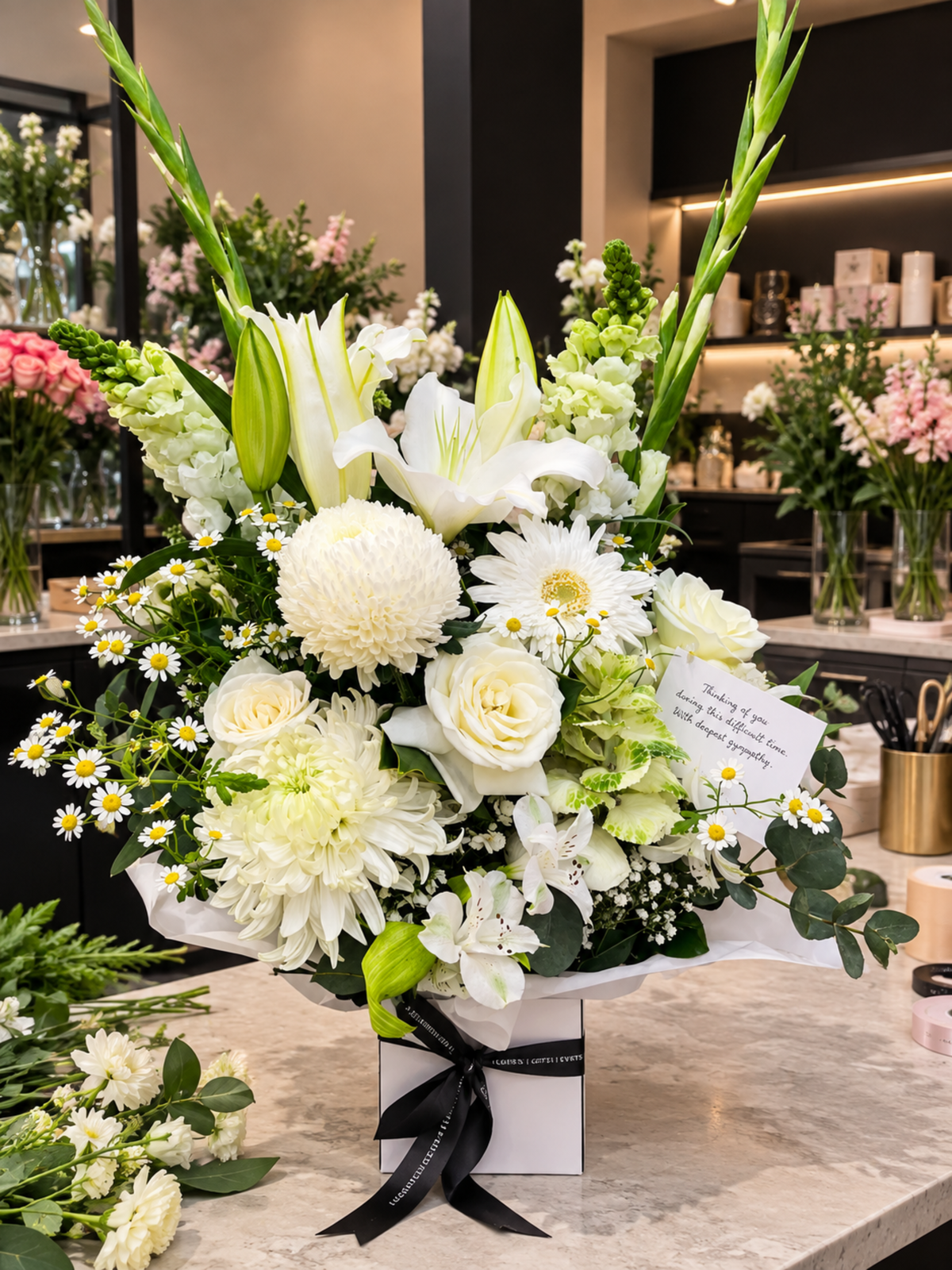 Elegant Whispering Grace white and green flower arrangement featuring white gerberas, chrysanthemums, carnations, delicate baby’s breath and fresh greenery in a white flower box.